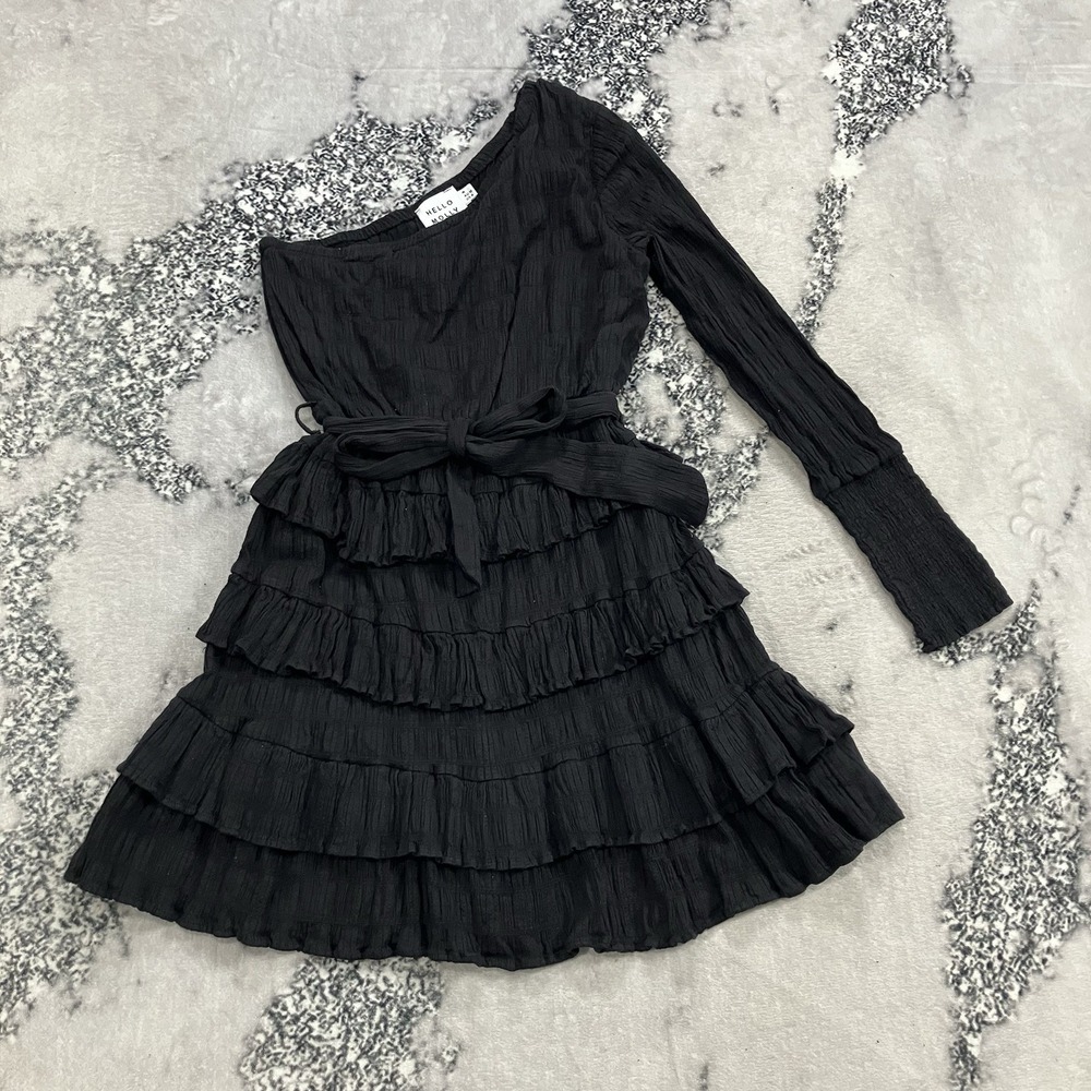 Hello Molly Black Tiered Ruffle Mini Dress Long Sleeve Tie Waist US 6